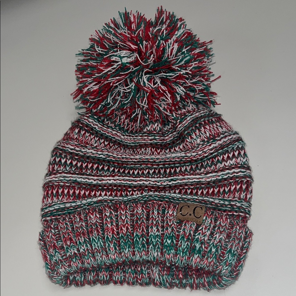 C.C Multicolor Pom Pom Beanie in Red, Green & White